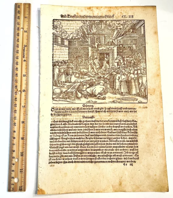 1559 Leaf W/ Woodcut From German Petrarch's De Remediis Utriusque Fortune — D