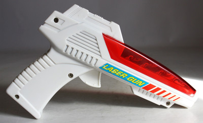 AMAZING DESIGN VINTAGE 80'S SPACE LASER GUN I SILVER COSMIC PISTOL SOUNDS NEW! 