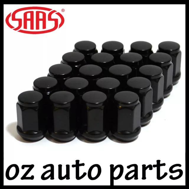 SAAS Black Wheel Nuts Flat Head Bulge Set of 20 - 12 x 1.25 35MM 60Deg Tyre Lug