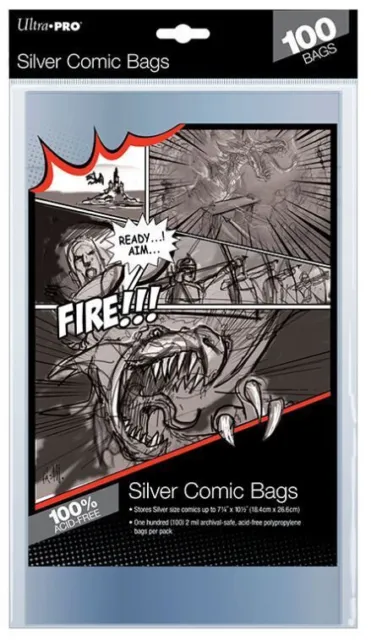 100 Ultra Pro (SILVER) Comic Bags,  Acid Free Storage  -  7¼ "  X  10½ "