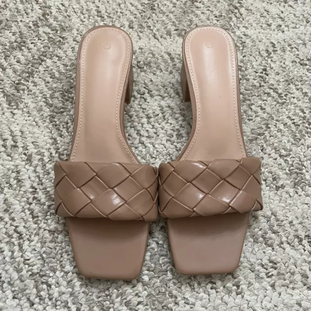Brown Wide Braided Foot Strap Slip On Mule Sandals Size 8.5 Block Heels New