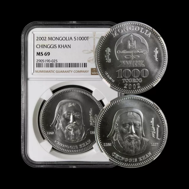 MONGOLIA. 2002, 1000 Togrog, Silver - NGC MS69 - Top Pop 🥇 Genghis Khan