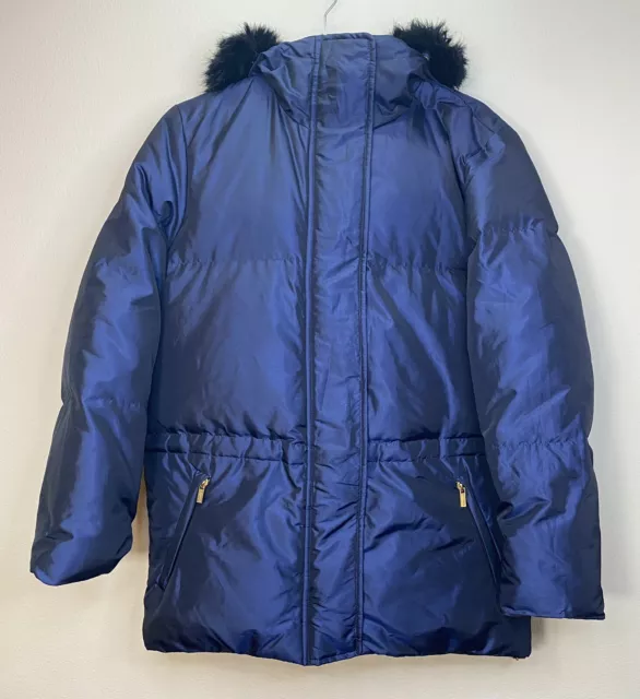 Ralph Lauren Womens Sz P/P Blue Faux Fur Hooded Down Feather Puffer Jacket Coat