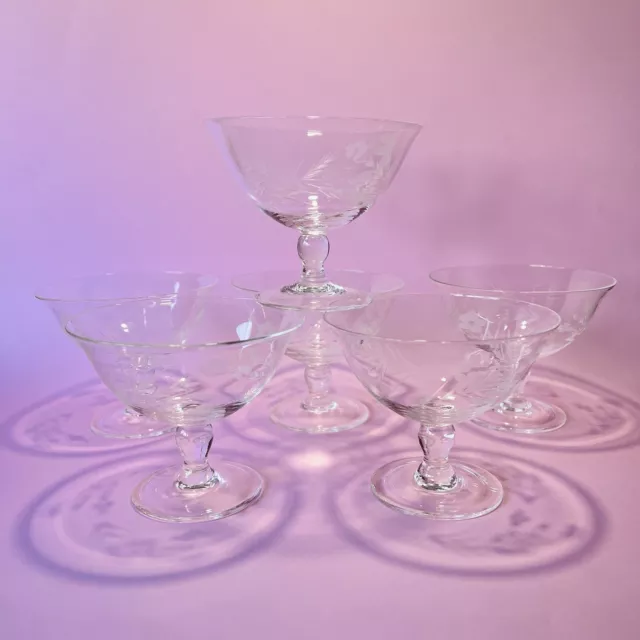 6 Vintage Etched Crystal Champagne Coupes or Dessert Compote.