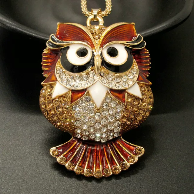 Fashion Women Brown Enamel Cute Owl Crystal Animal Pendant  Chain Necklace