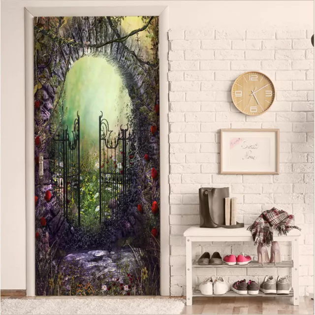 3D Magical Forest Old Gate Living Room Door Sticker Wall Mural Photo Home Decor