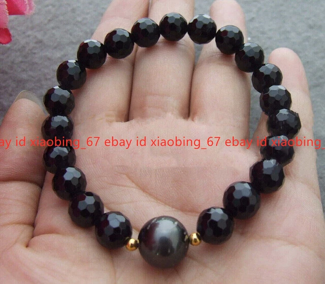Fine Faceted 8mm Black Agate Onyx Round Gemstone Beads Elastic Bracelet 7.5'' AA