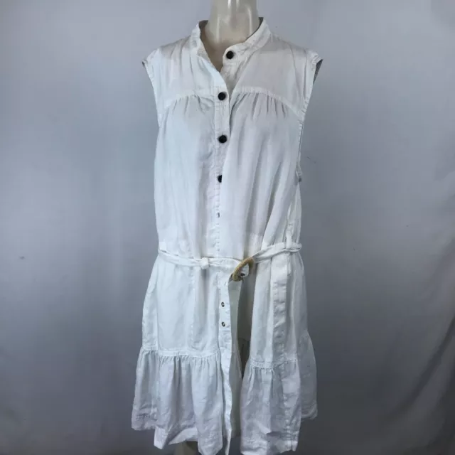 Banana Republic- Women's Xl - White Button Up Belted Ruffle 100% Linen Dress