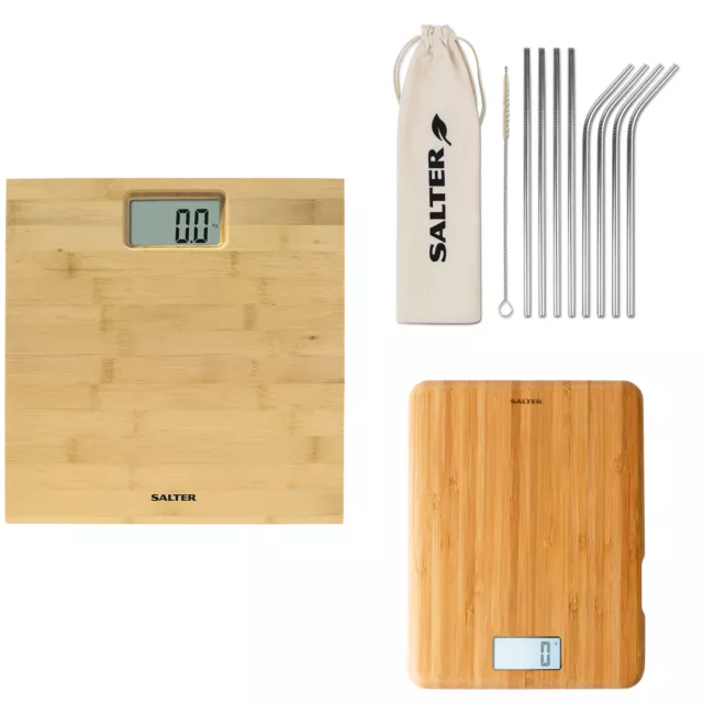 Salter Bamboo Bathroom Scales, Digital Kitchen Scales and 8 Reusable Straws