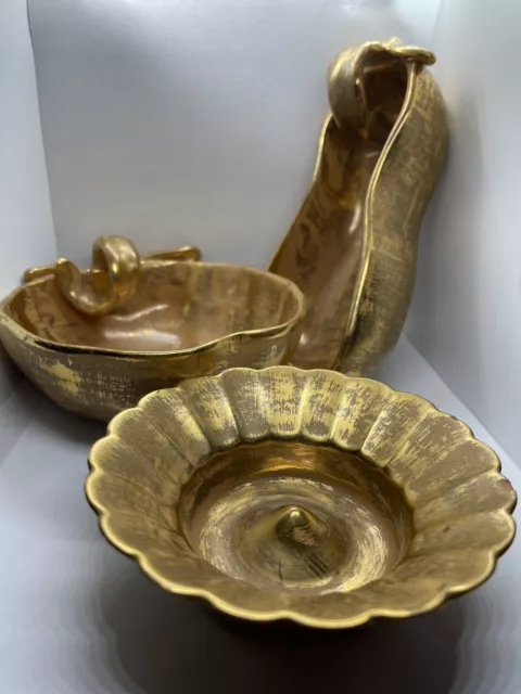 Lot Vintage hand painted 3pc STANGL Pottery GRANADA GOLD Bowl Pear Apple