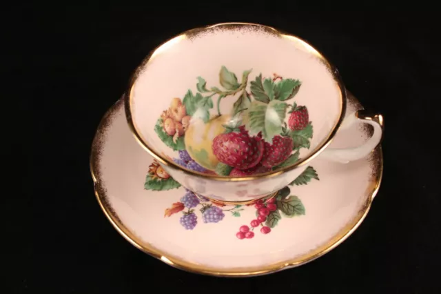 Vintage Royal Grafton Fine Bone China Pink Gold Rim Fruit Tea Cup & Saucer #1805