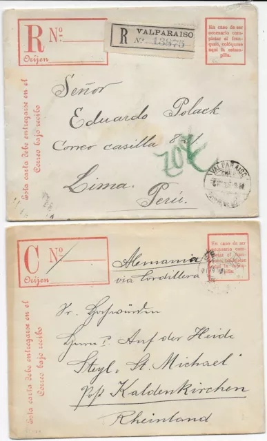 2x Ganzsachen Einschreiben Valparaiso nach Peru bzw. Kaldenkirchen 1905/1910