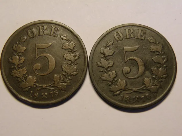 1875 & 1876  5 Ore Coin - Norway