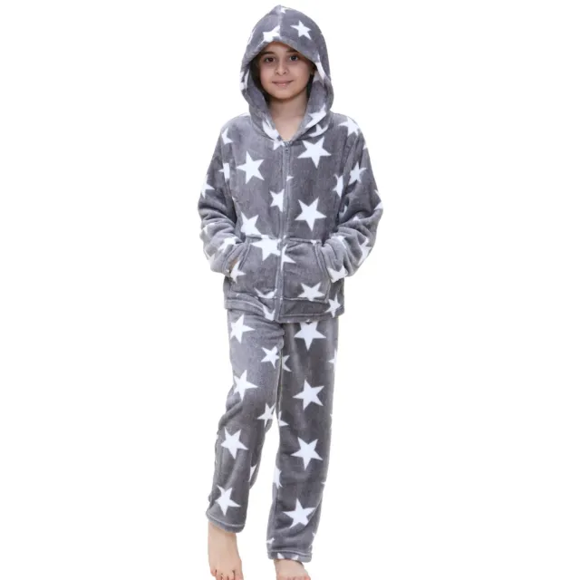 Kids Girls Stars Print Grey Pyjama Extra Soft Zipped Top Flannel Fleece PJS Set
