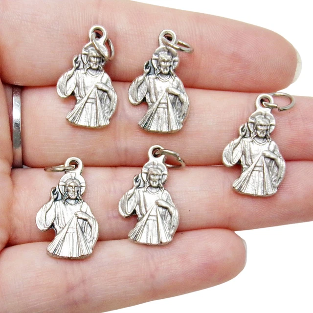 LOT OF 5 Divine Mercy Silhouette Mini Silver Tone Pendant Medal Rosary