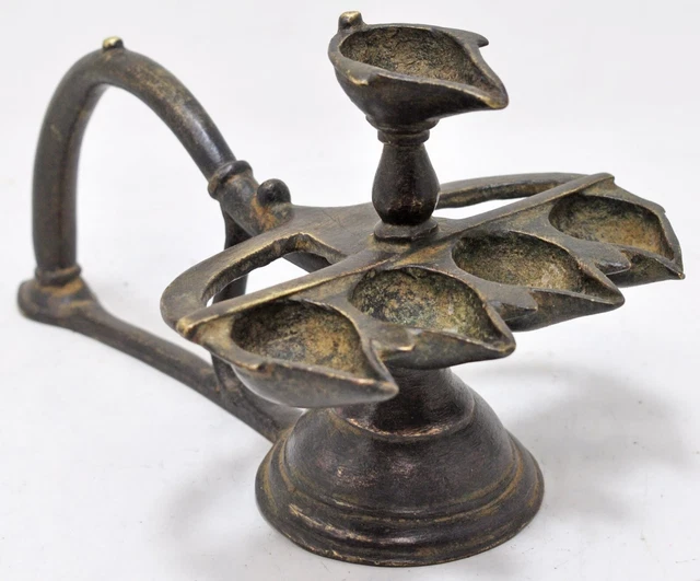 Antique Brass Temple Diya Aarti Light Stand Original Old Hand Crafted Engraved