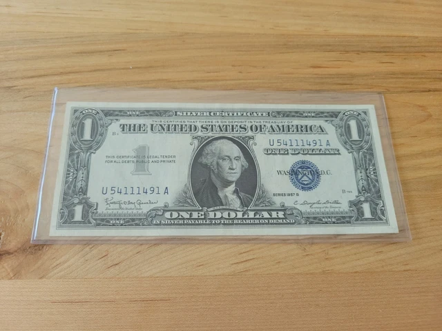 1957 One Dollar Blue Seal Series B Note Silver Certificate US Bill $1 Money