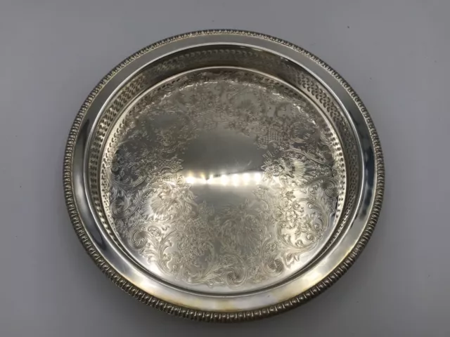 Vintage 9.5" WM Rogers Silver Plated Floral Etched Tray PIERCED ROPE Edge #4370G