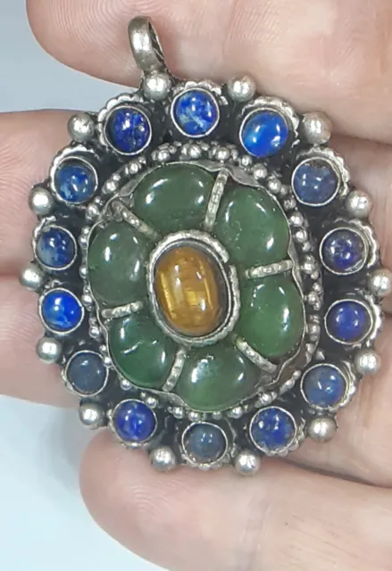 Ethnic Nepal Tibetan Floral Pendant with Tiger Eye, Green Onyx & Lapis Inlays