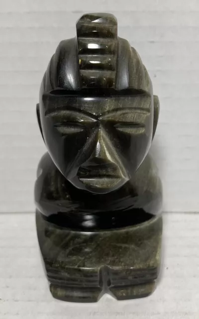 Vintage Carved Obsidian Black Gold Stone Mayan Aztec Incan Display Figure Statue