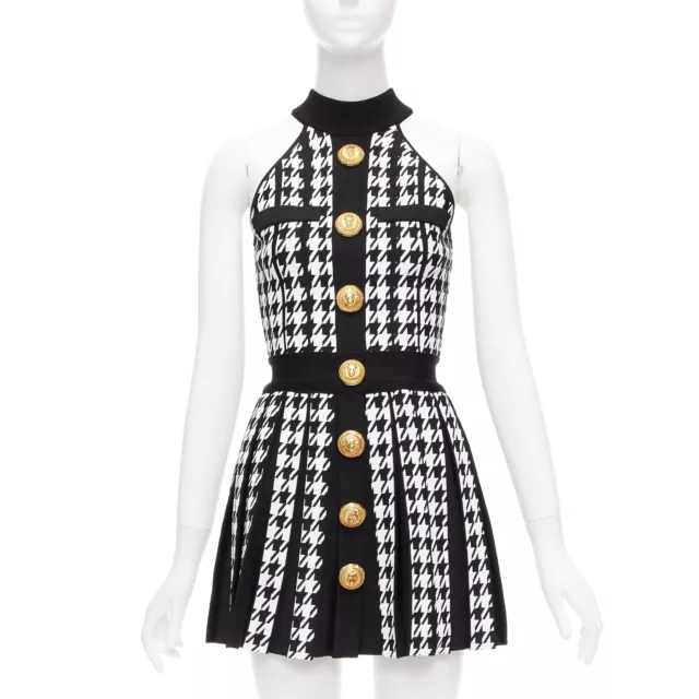 BALMAIN 2023 black white houndstooth gold lion button  halter mini dress FR34 XS