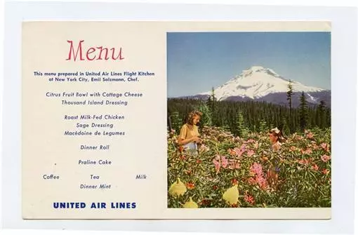 United Airlines Menu Postcard Mount Hood 50th Anniversary Powered Flight