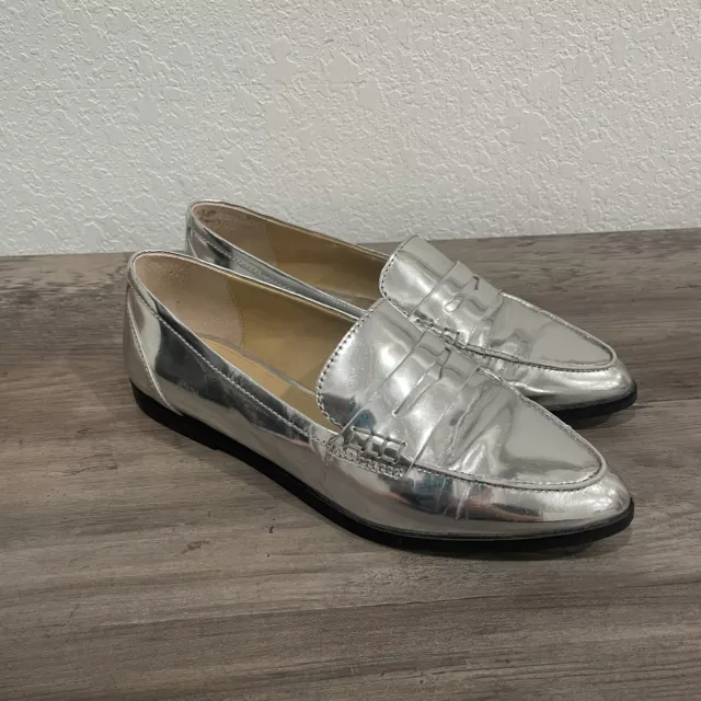 Michael Kors Women’s Metallic Silver Loafers Almond Toe Slip-On Shoes Size 6.5M