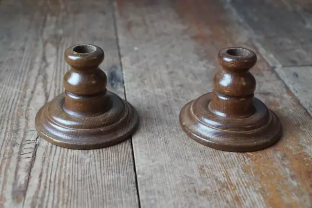 Vintage Pair Turned Wooden Candle Stick Holders Small