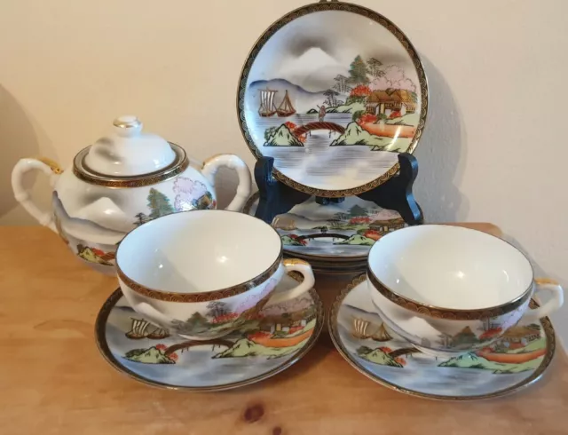 Vintage Hand Painted Japanese Porcelain Teacup & Saucer And Pot With Lid