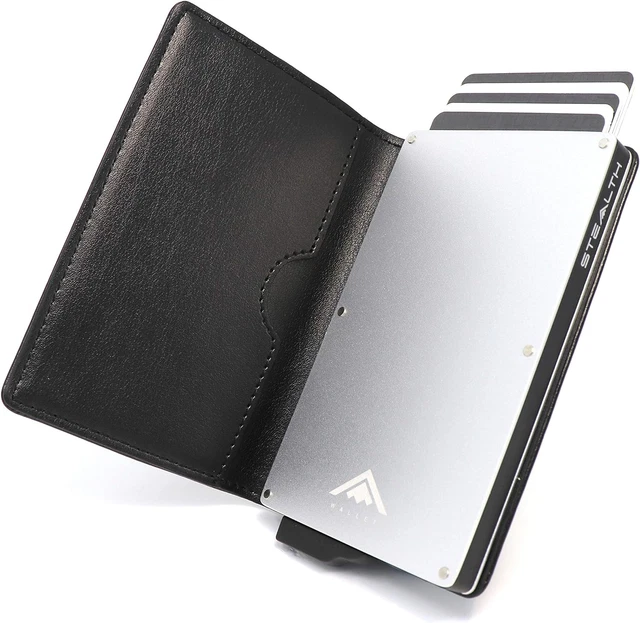 Stealth Wallet Porte Carte Bancaire RFID pour Homme - Porte-Cartes De Crédit avec Mécanisme Pop Up et Boîte Cadeau - Portefeuilles de Crédit Aluminium Minces (Aluminium Argent, Cuir Bleu Stealth Wallet Porte Carte Bancaire RFID pour Homme - Porte-Cartes De Crédit avec Mécanisme Pop Up et Boîte Cadeau - Portefeuilles de Crédit Aluminium Minces (Aluminium Argent, Cuir Bleu