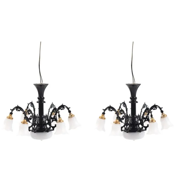 2 Pieces Metal Model Chandelier Miniature Hanging Light Lamp