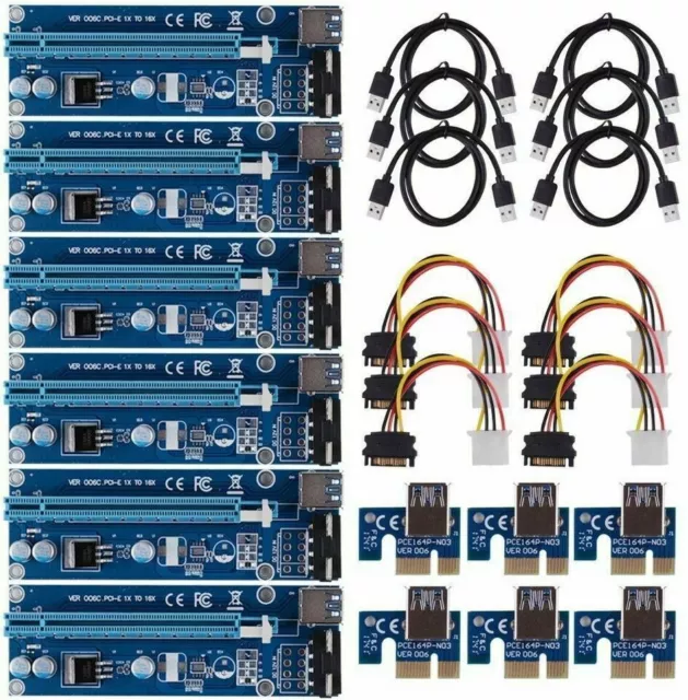 6 Pack USB 3.0 Pcie PCI-E Express 1x To 16x Cable Riser Bitcoin GPU AMD Graphics