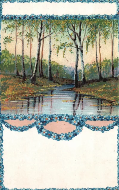 Postal vintage de 1910 flores azules bosque árboles agua naturaleza