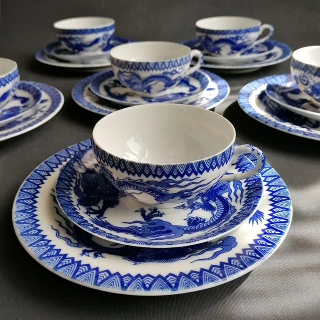 6 Japanische Teegedecke Drache Blau Weiß TOP