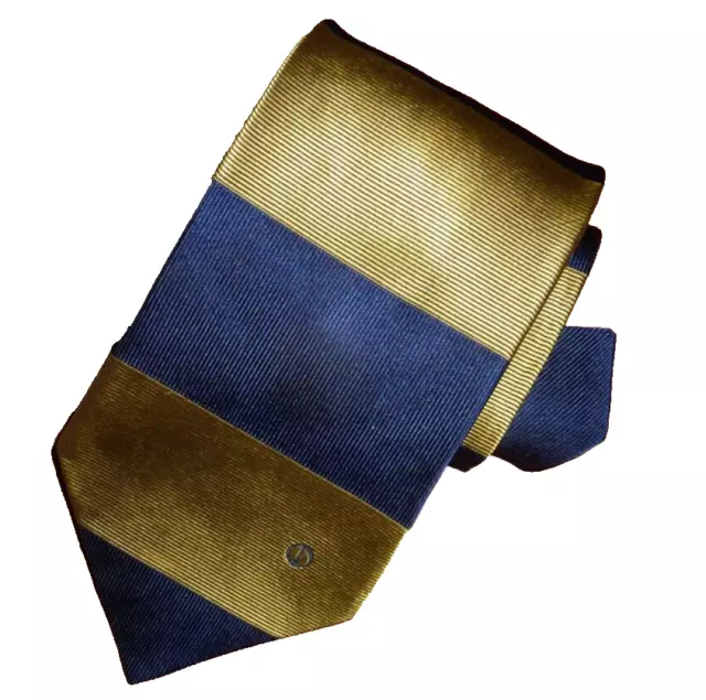 Dunhill Pure Silk Tie 10cm Gold Navy Blue Stripe Pattern Necktie Made in Italy