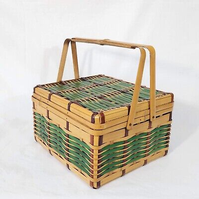 Vintage '50s Japanese Woven Bamboo Picnic/ Sewing Basket - Double Handled