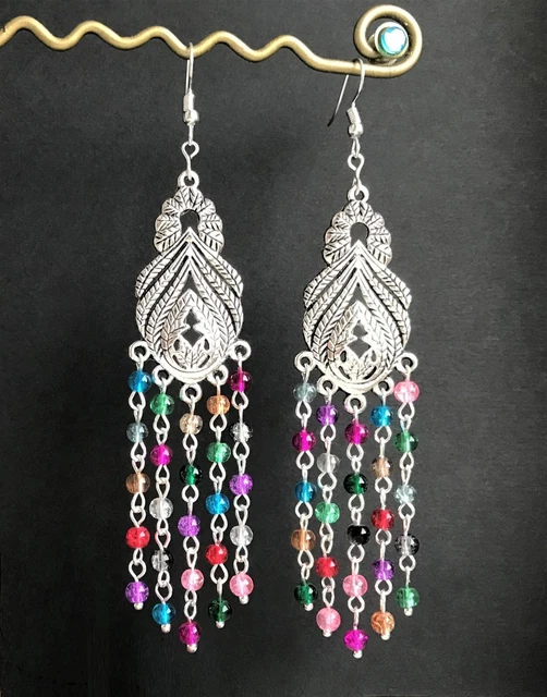 Pretty Multi-Coloured Beads Long Dangly Chandelier Earrings in Gift Pouch