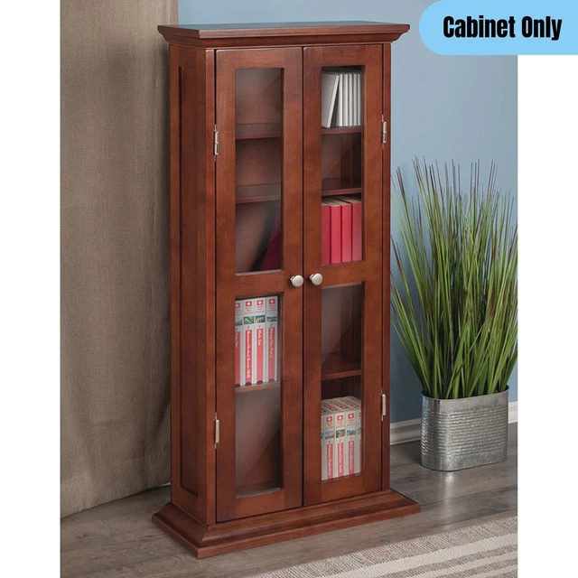 Glass Doors Media/Entertainment Cabinet CD DVD Storage Adjustable Shelves Brown