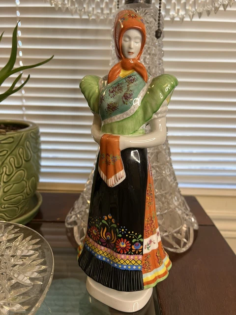 Vintage HOLLOHAZA Hungarian Porcelain Large Peasant Woman Hand Painted Figurine