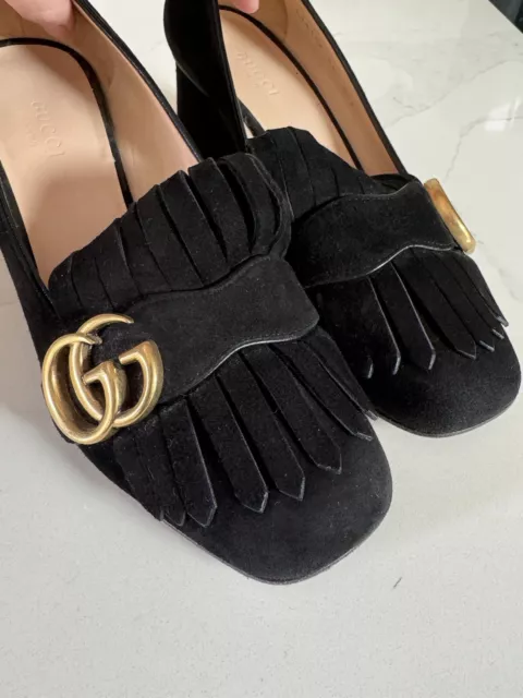 Gucci EU 36 6 Heels Shoes Marmont GG Logo Black Suede Fringe Mid Pumps 3