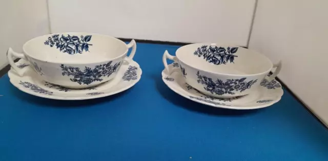 2 x Booths Blue & White 'Peony' A8021 - 2 handled soups bowls & saucers