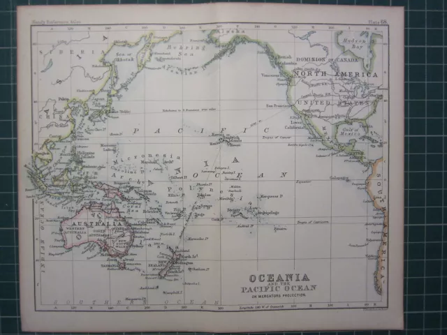 1887 Antique Map ~ Oceania & Pacific Ocean Polynesia Hawaii United States