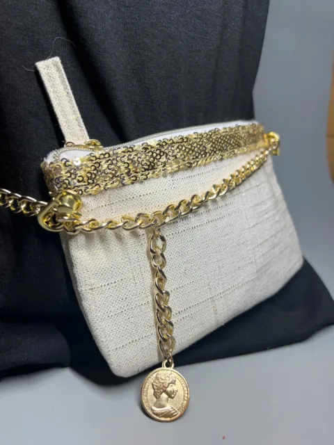 Sequin Convertible BELT BAG Crossbody purse Dior Cosmetic Bag Gold Cream