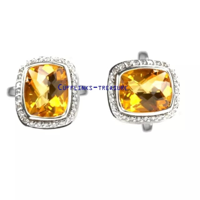 Natural Citrine & CZ  Gemstones with 925 sterling silver cufflinks for men's