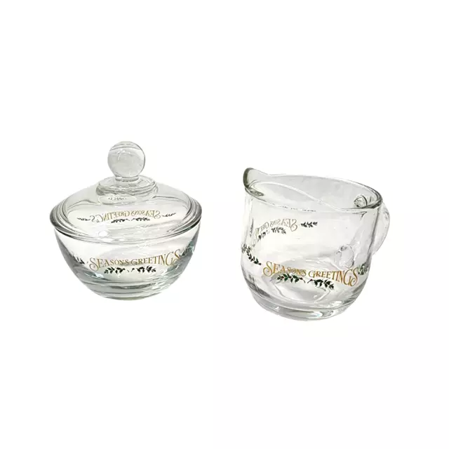 Christmas Sugar Bowl and Creamer Set Clear Glass Seasons Greetings Holly Berries