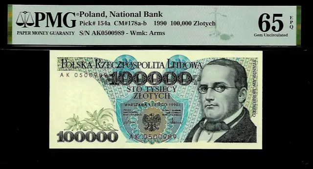 Poland 100,000 Zlotych  1990 PMG 65 EPQ UNC Series AK P#154a Stanislaw Moniuszko
