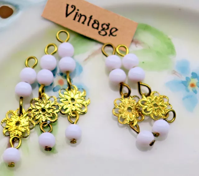 Vintage White glass Connectors Drops Dangles Beads Brass Flower Charms #502