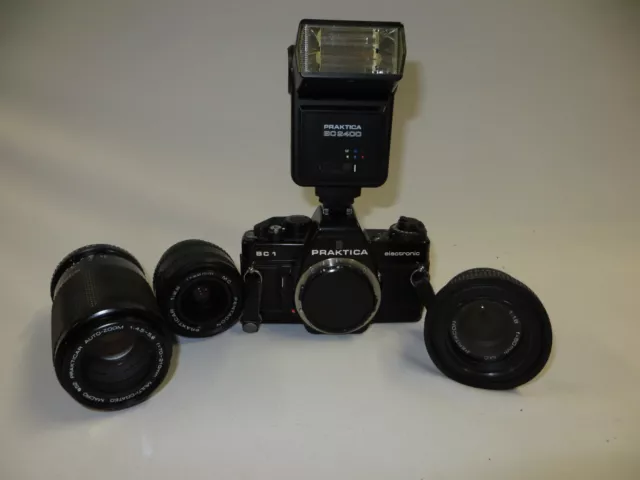 Praktica BC1 Electronic SLR 35mm Camera and 3x Lens, Flash and Bag