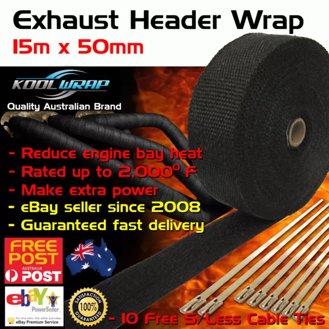 HEADER EXHAUST WRAP TAPE 2000 F Heat Protection Black 15m X 50mm + 10 Steel Ties