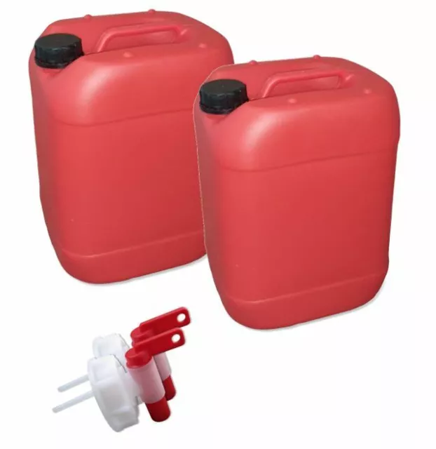 2 x 20 L rot Trinkwasserkanister Kanister lebensmittelecht dicht + 2 x Hahn.